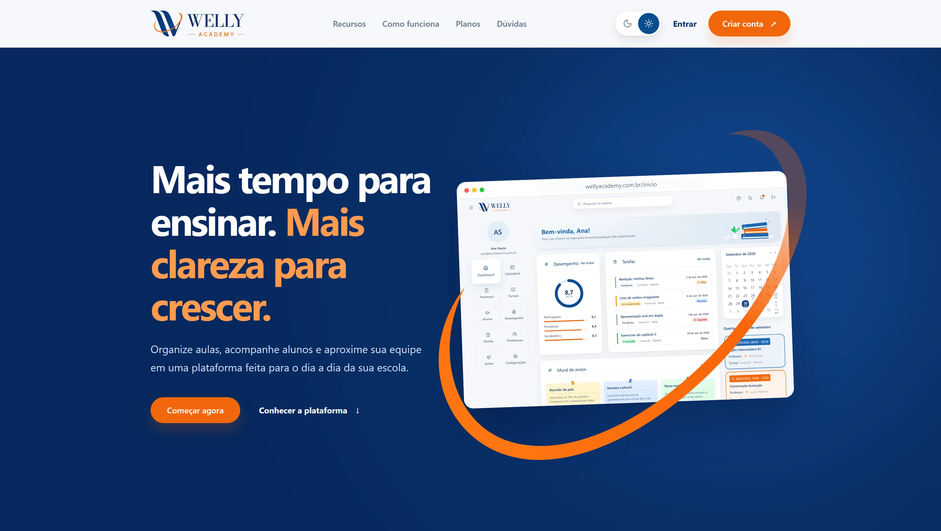 Página inicial da landing page da Welly Academy